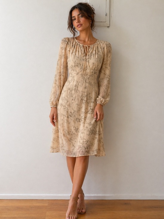 Dazy Dresses & Skirts - DAZY Beige Floral Midi Dress – XS | Parisian-Inspired Elegance